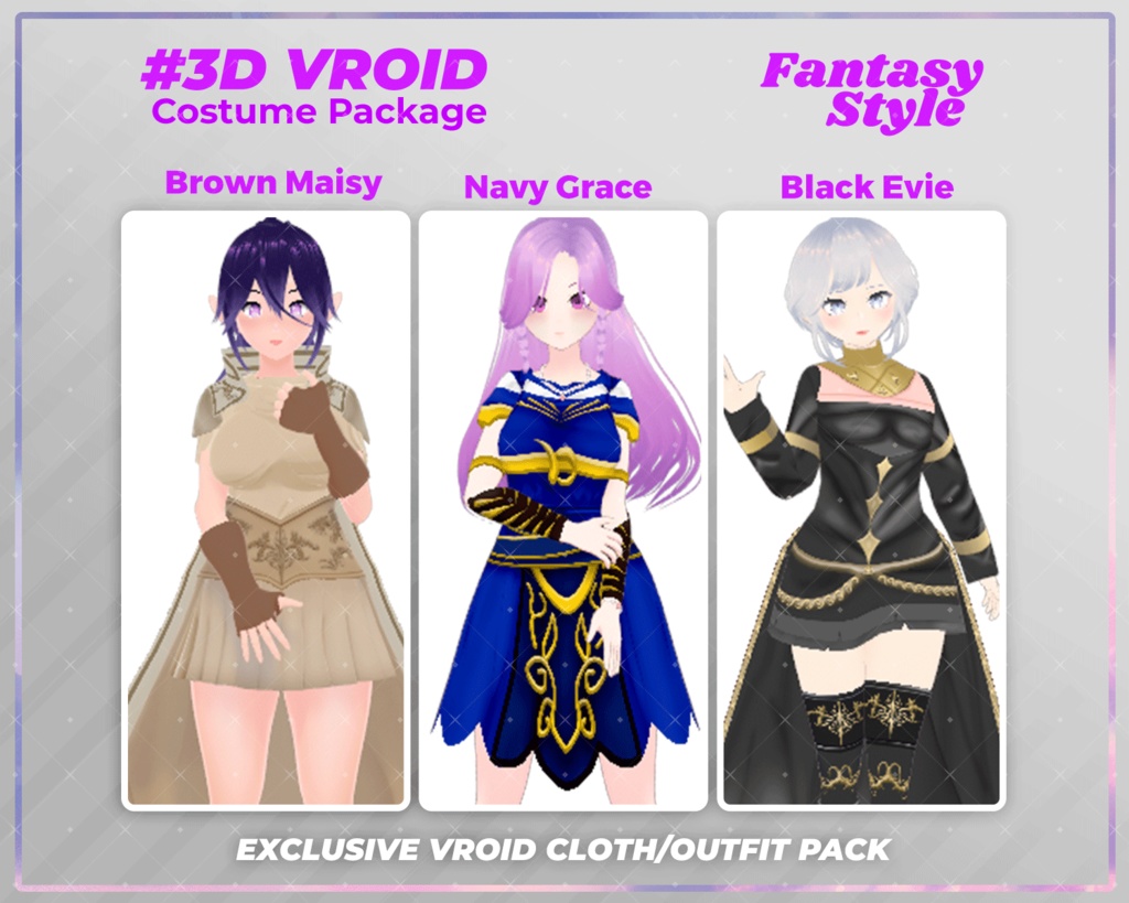 3D VRoid Outfit Pack Heroic & Mystic Fantasy Costumes for VRoid Models | VRoid Clothes, VRoid Knight Dress, VRoid Dark Sorceress Outfit