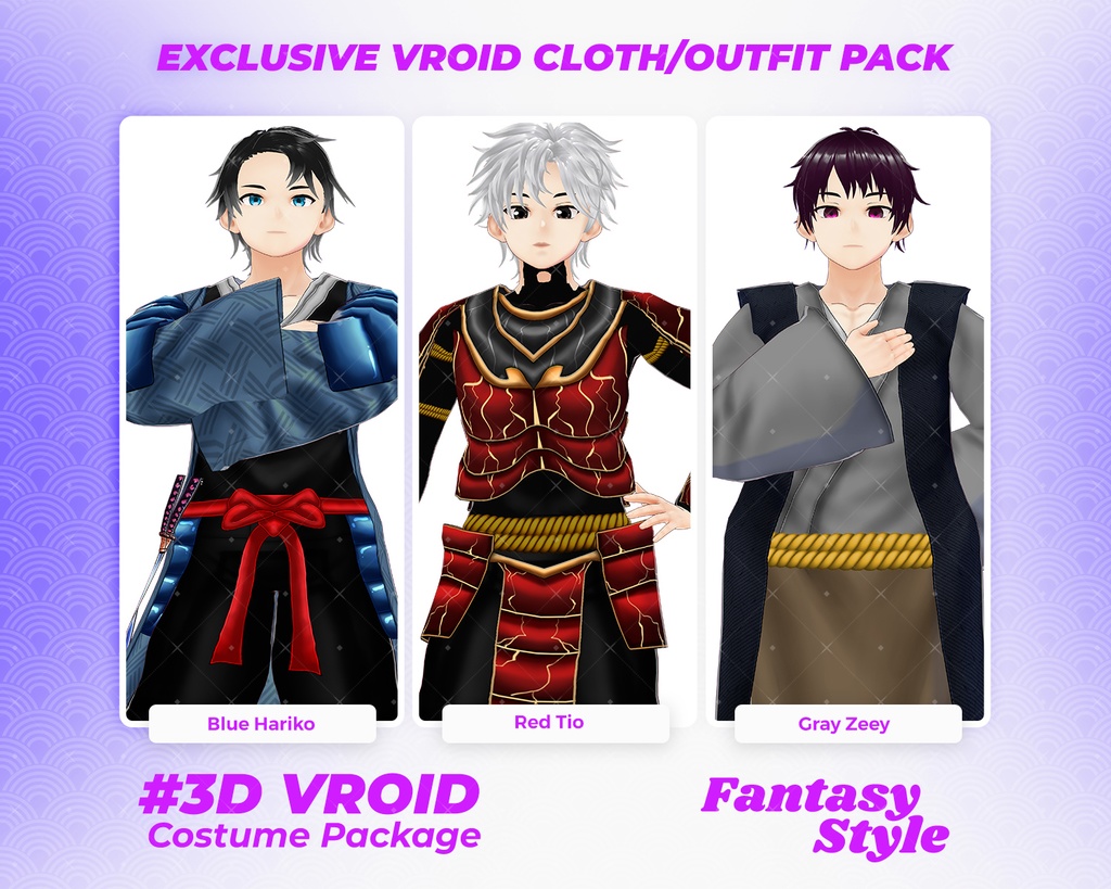 3D VRoid Outfit Pack Japanese Warrior & Traditional Fantasy Male Costumes | VRoid Samurai Clothes, VRoid Armor, Ninja Style Outfit