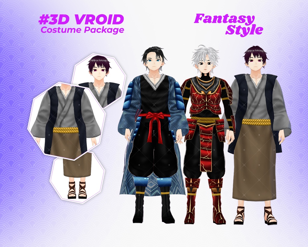3D VRoid Outfit Pack Japanese Warrior & Traditional Fantasy Male Costumes | VRoid Samurai Clothes, VRoid Armor, Ninja Style Outfit
