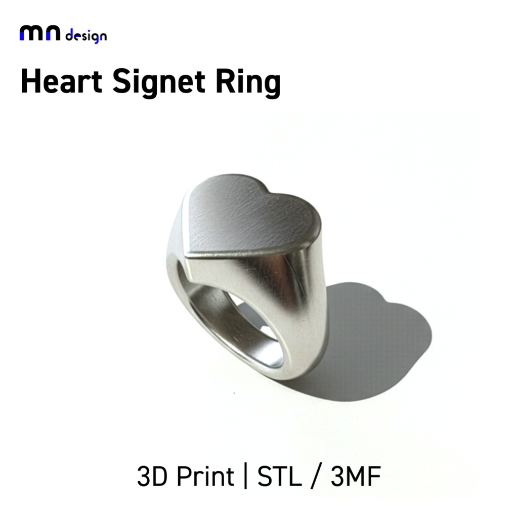 【3Dプリント用】ハートのシグネットリング3Dモデル Heart Ring 3D Model [STL/3MF]