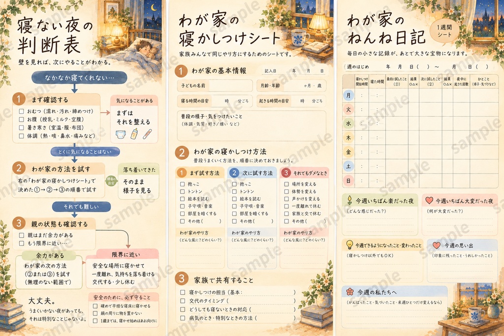 おやすみ家族キット|赤ちゃんが寝ない夜の「次どうする?」を決めておく3枚セット
