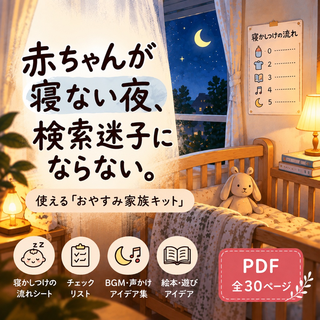 おやすみ家族キット｜赤ちゃんが寝ない夜の「次どうする？」を決めておく3枚セット