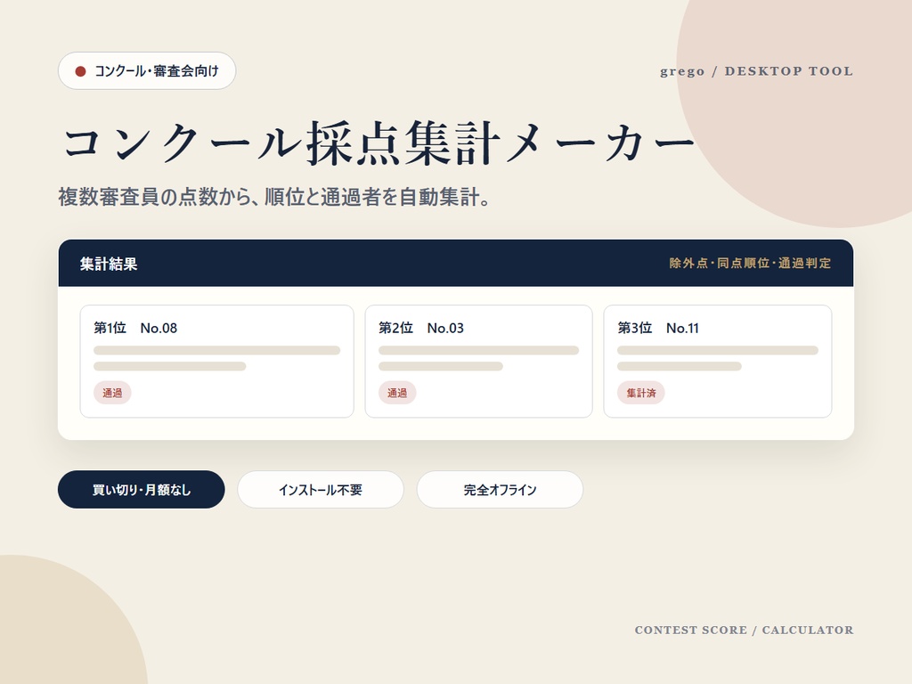 コンクール採点集計メーカー｜複数審査員の点数・除外点・順位を自動集計