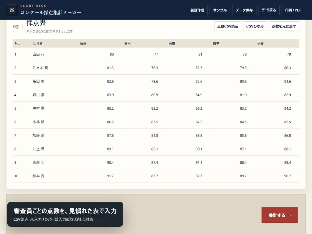 コンクール採点集計メーカー|複数審査員の点数・除外点・順位を自動集計