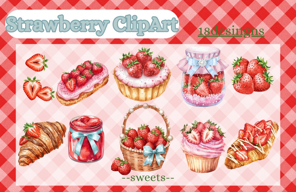 【イチゴ×スイーツ】水彩アンティーク風クリップアート20点セット｜PNG背景透過