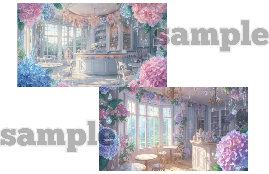 無料素材【紫陽花×ジュエルクッキークリップアート&カフェ背景素材】5点セット|PNG背景透過