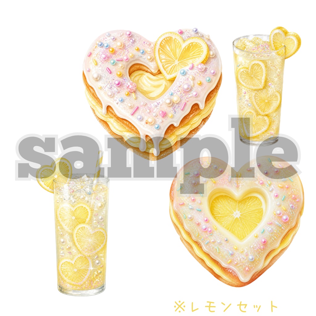 【フルーツドーナツ×ドリンクセット】水彩イラスト風クリップアート全32点セット|PNG背景透過