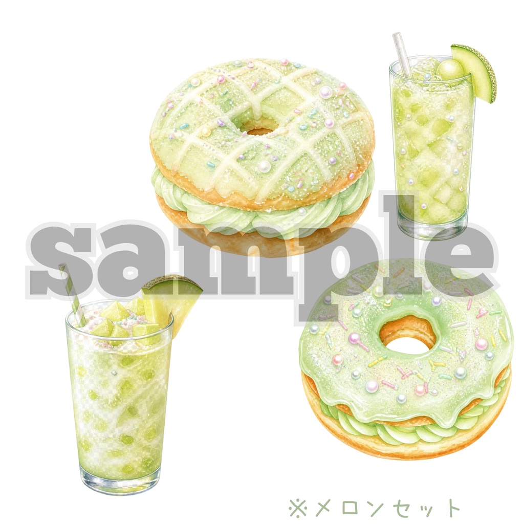 【フルーツドーナツ×ドリンクセット】水彩イラスト風クリップアート全32点セット|PNG背景透過