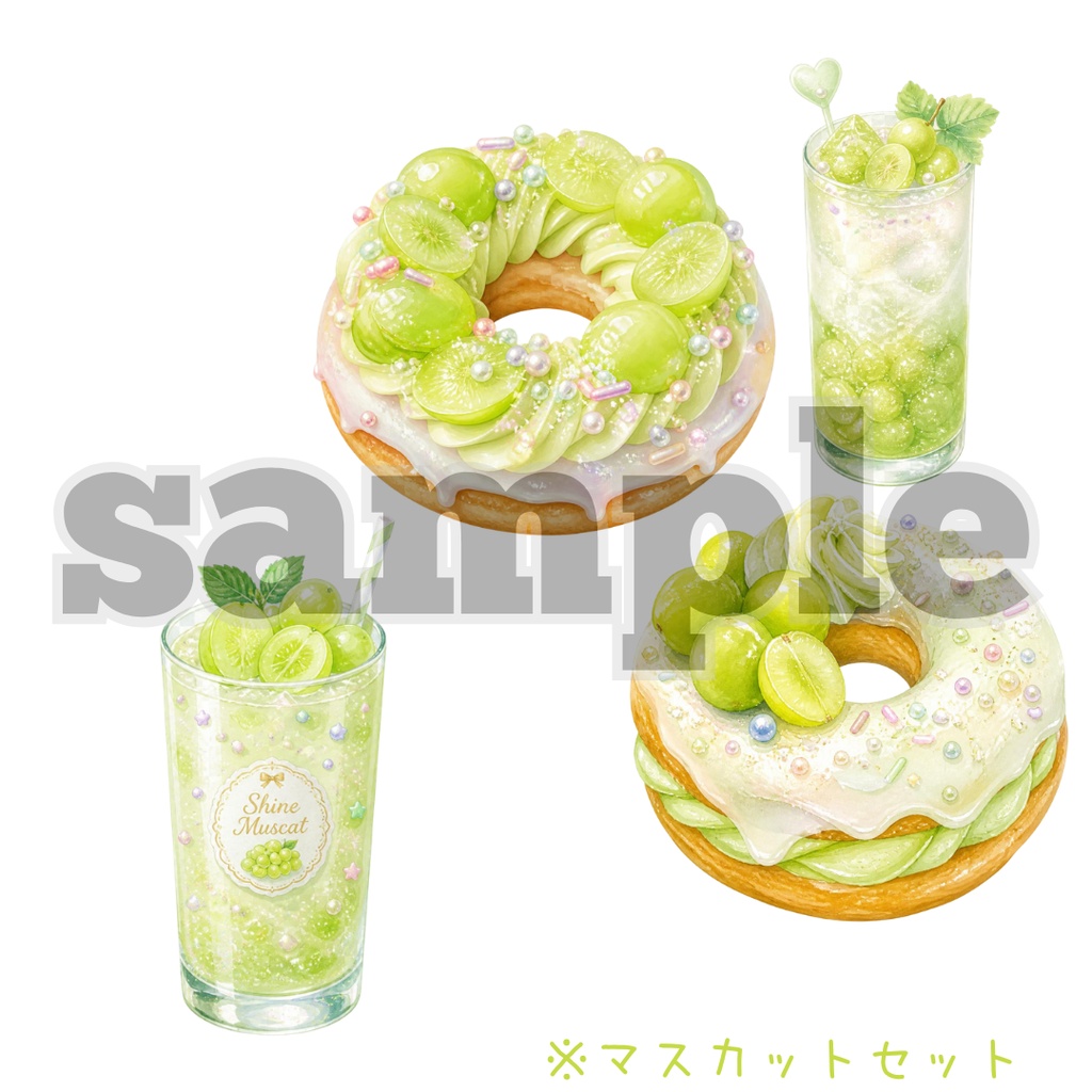 【フルーツドーナツ×ドリンクセット】水彩イラスト風クリップアート全32点セット|PNG背景透過