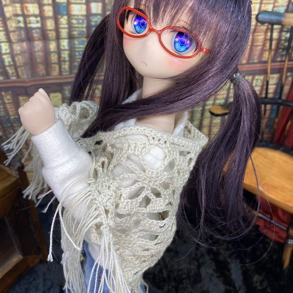 ［着用例］L三角ストール(お花の透かし編み)