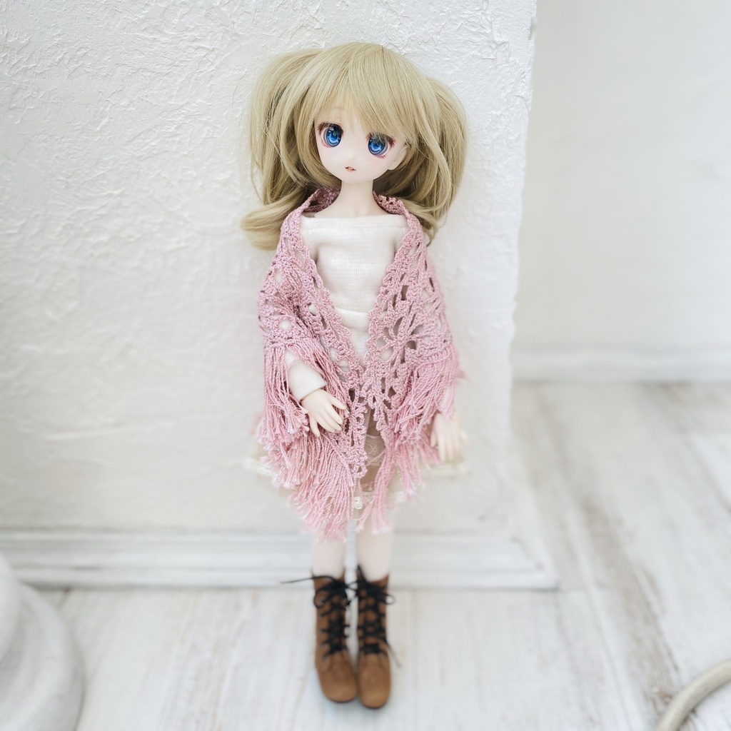 Lお花の透かし編み三角ストールストロベリーピンク