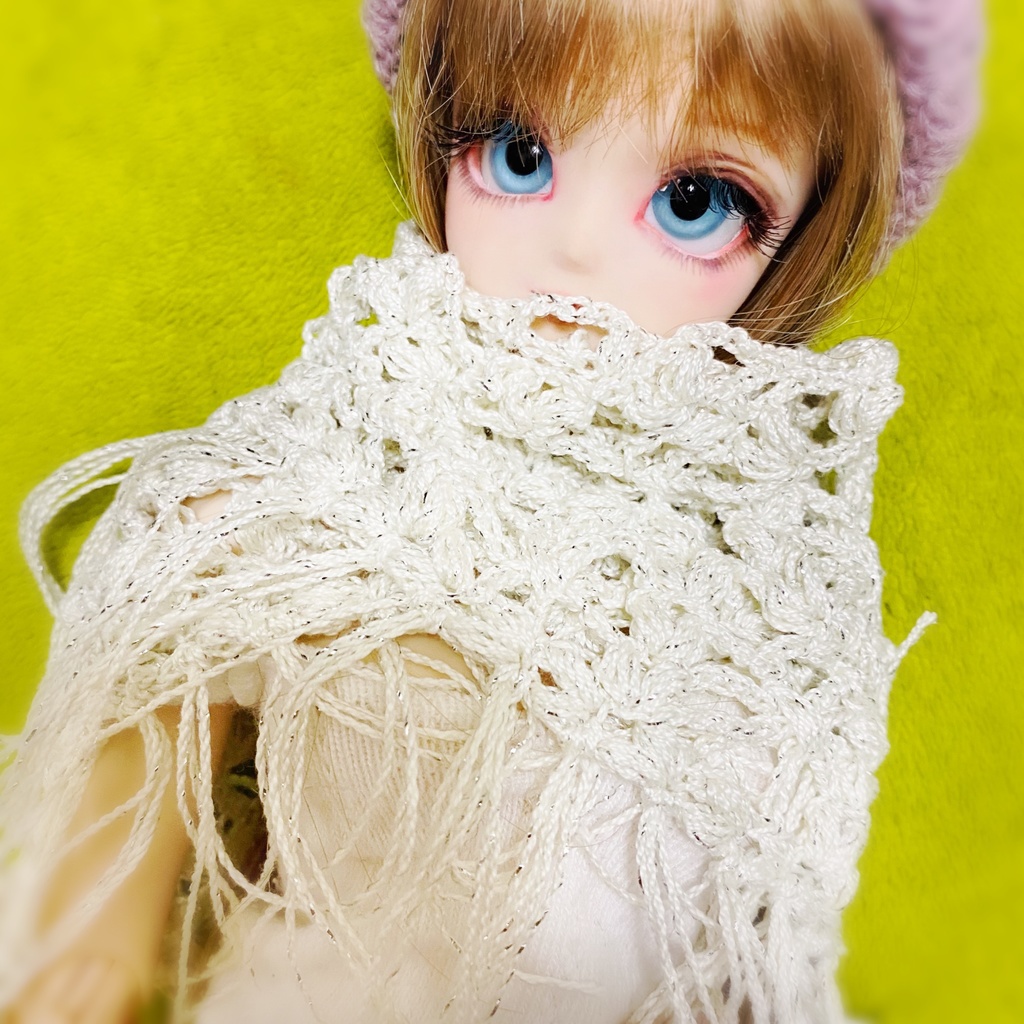 Lエレガント透かし編み三角ストールホワイトラメ