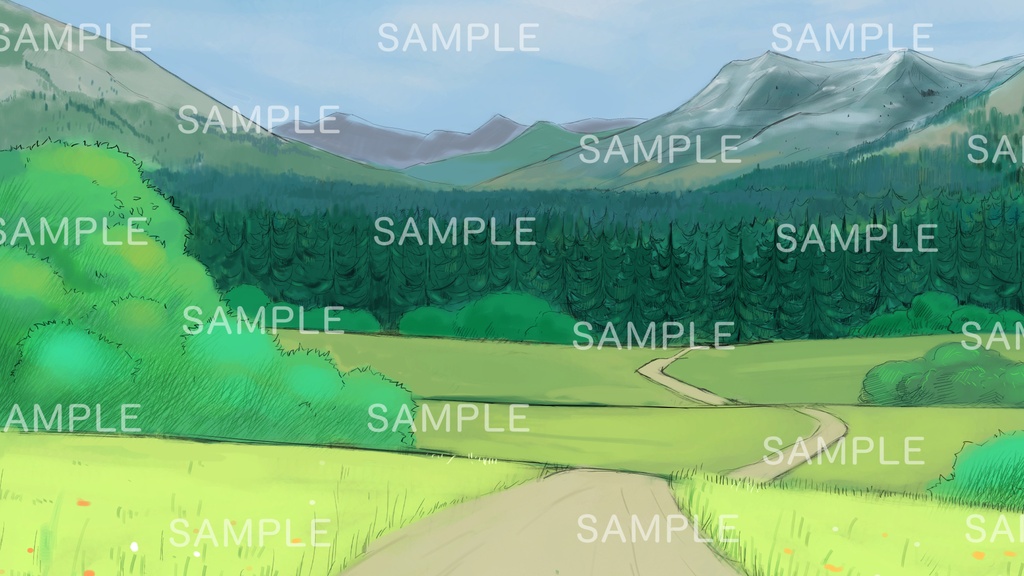 草原から森に向かう道がある背景