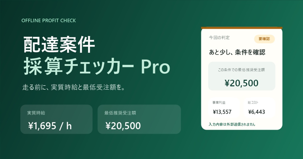 軽貨物の案件採算チェッカー Pro｜受注前に実質時給・最低受注額を計算（Windows・買い切り）