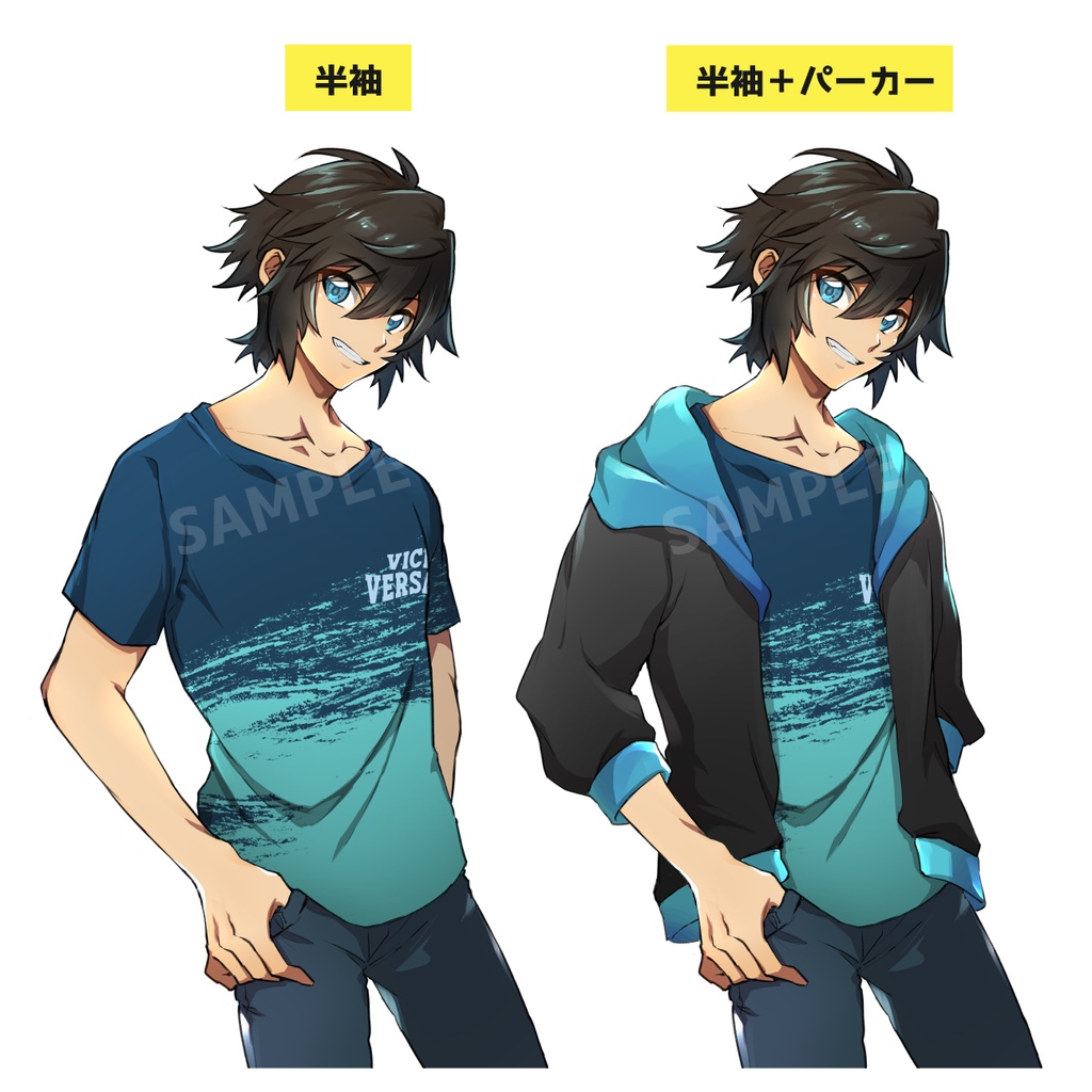 黒髪の男の子/半袖+パーカー・長袖+パーカー(表情7種×服装4種セット)