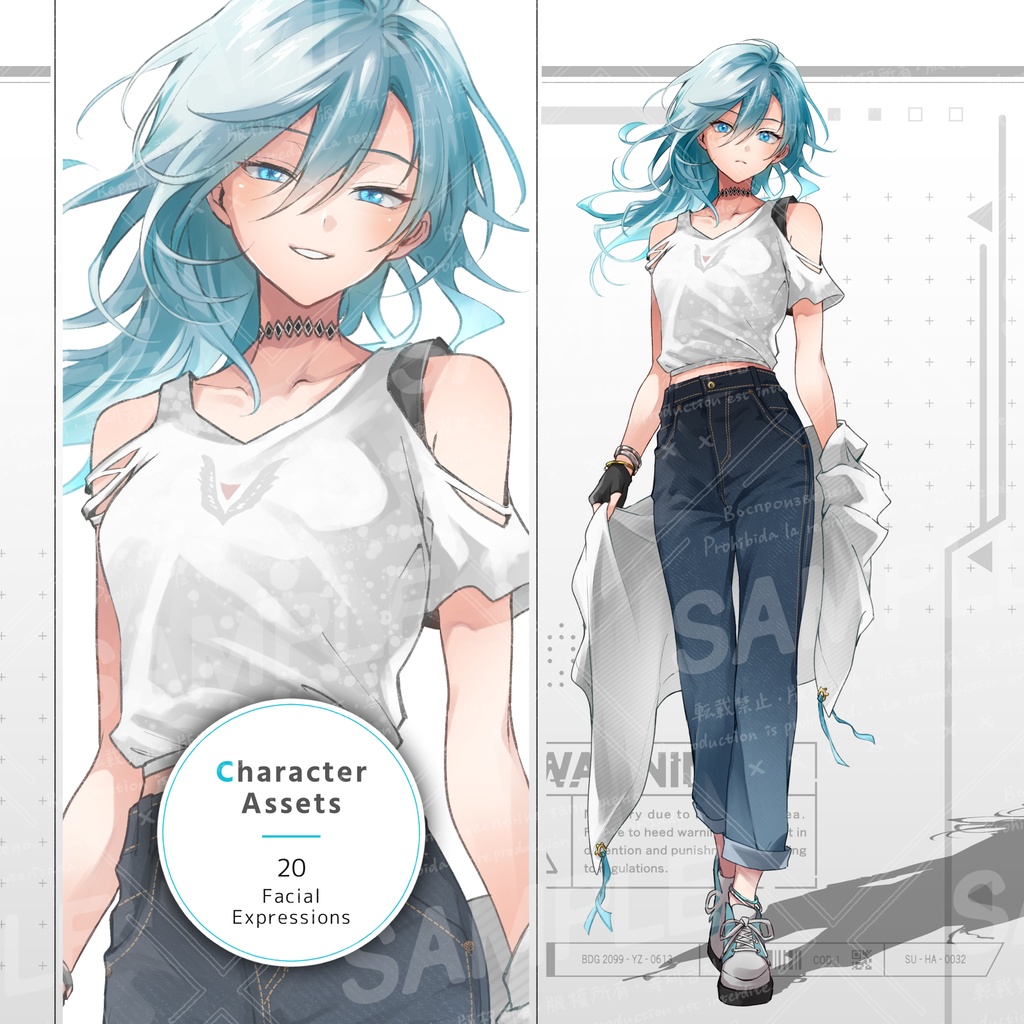 水色髪の女性（表情20種）