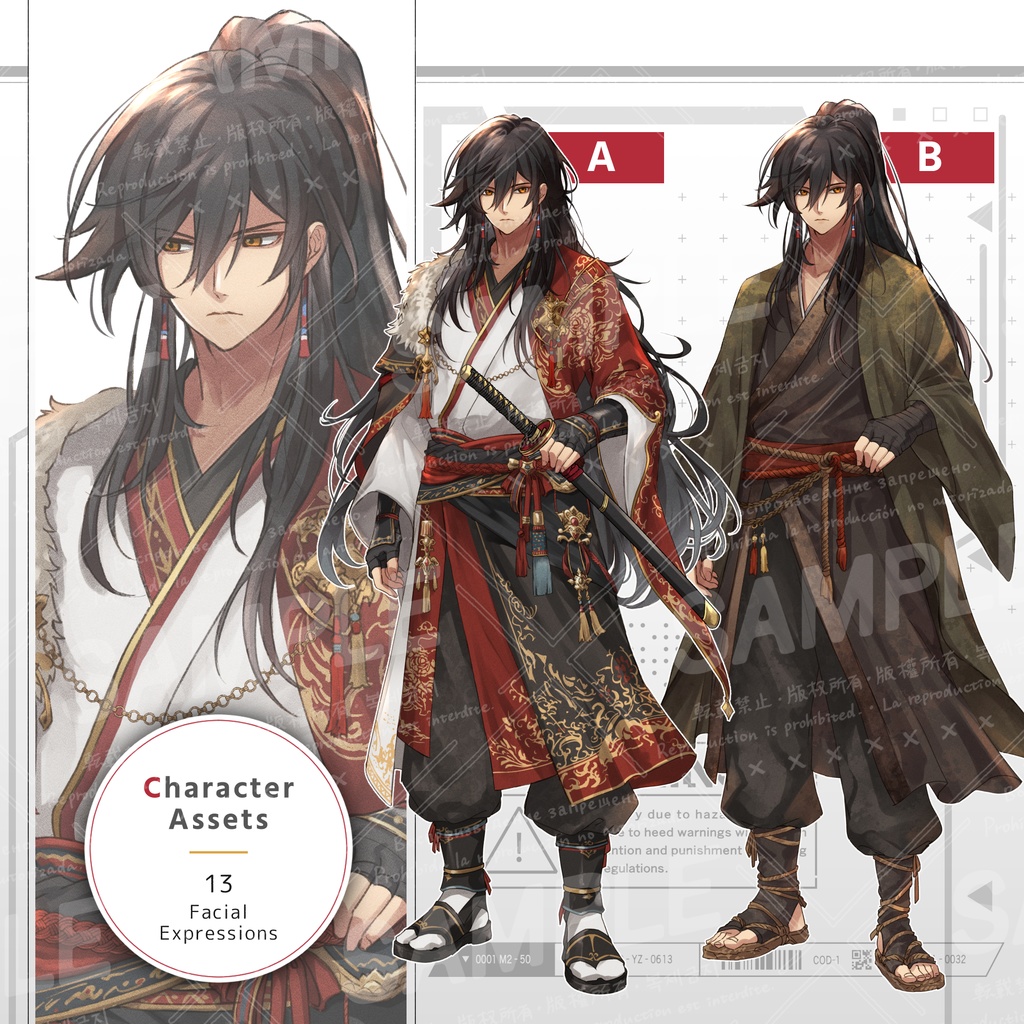 和装の男性（表情13種／返り血・包帯・刀セット）