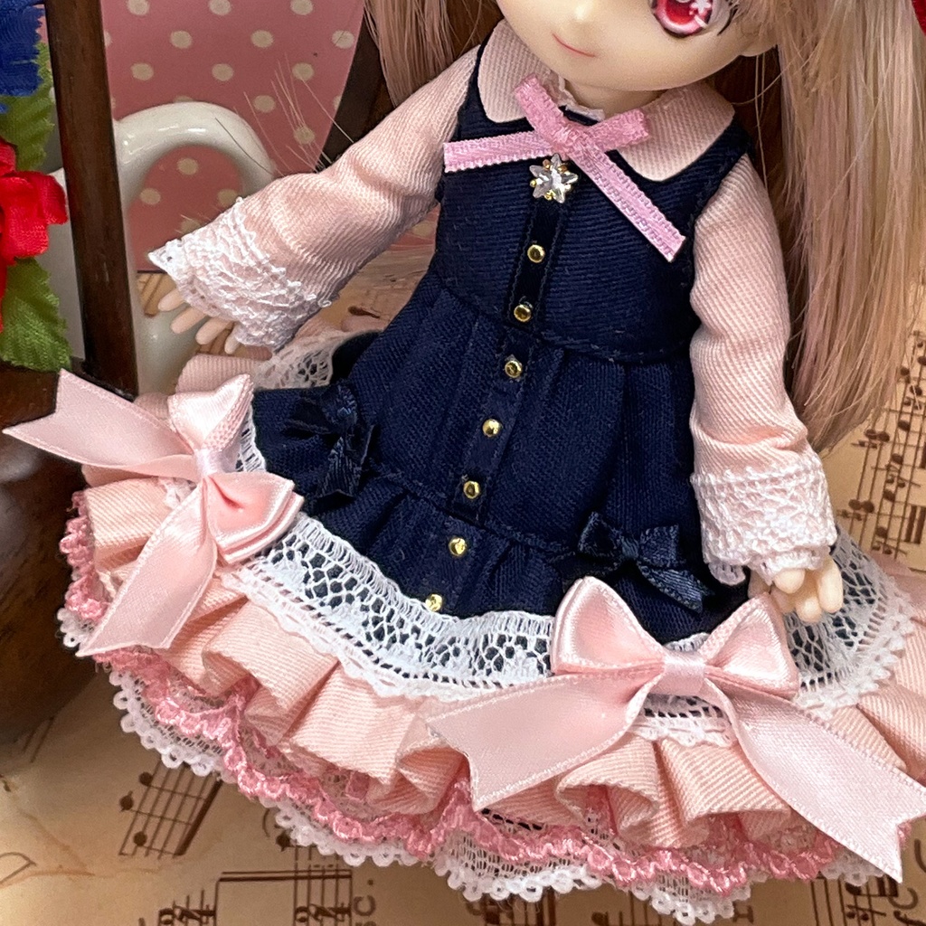 ネイビー・ピンク ワンピース / オビツ11サイズ