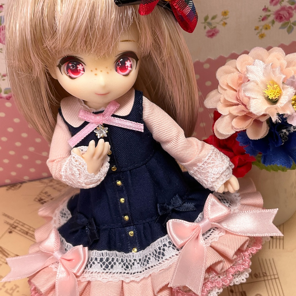 ネイビー・ピンク ワンピース / オビツ11サイズ