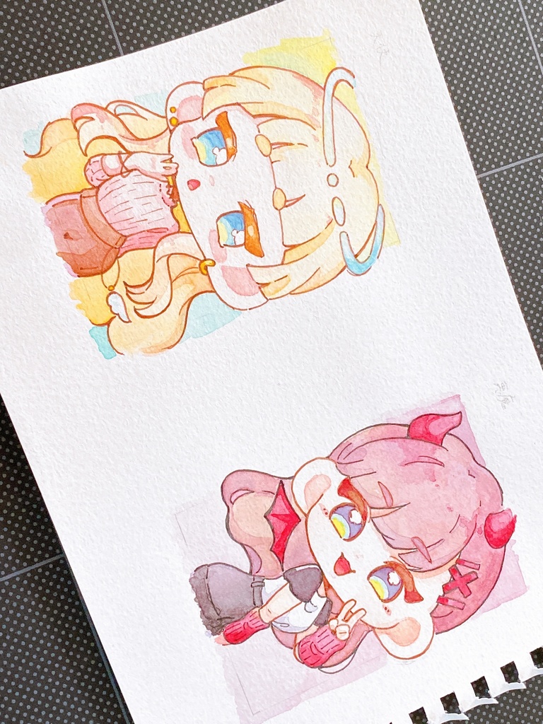 水彩ミニ原画 天使と悪魔