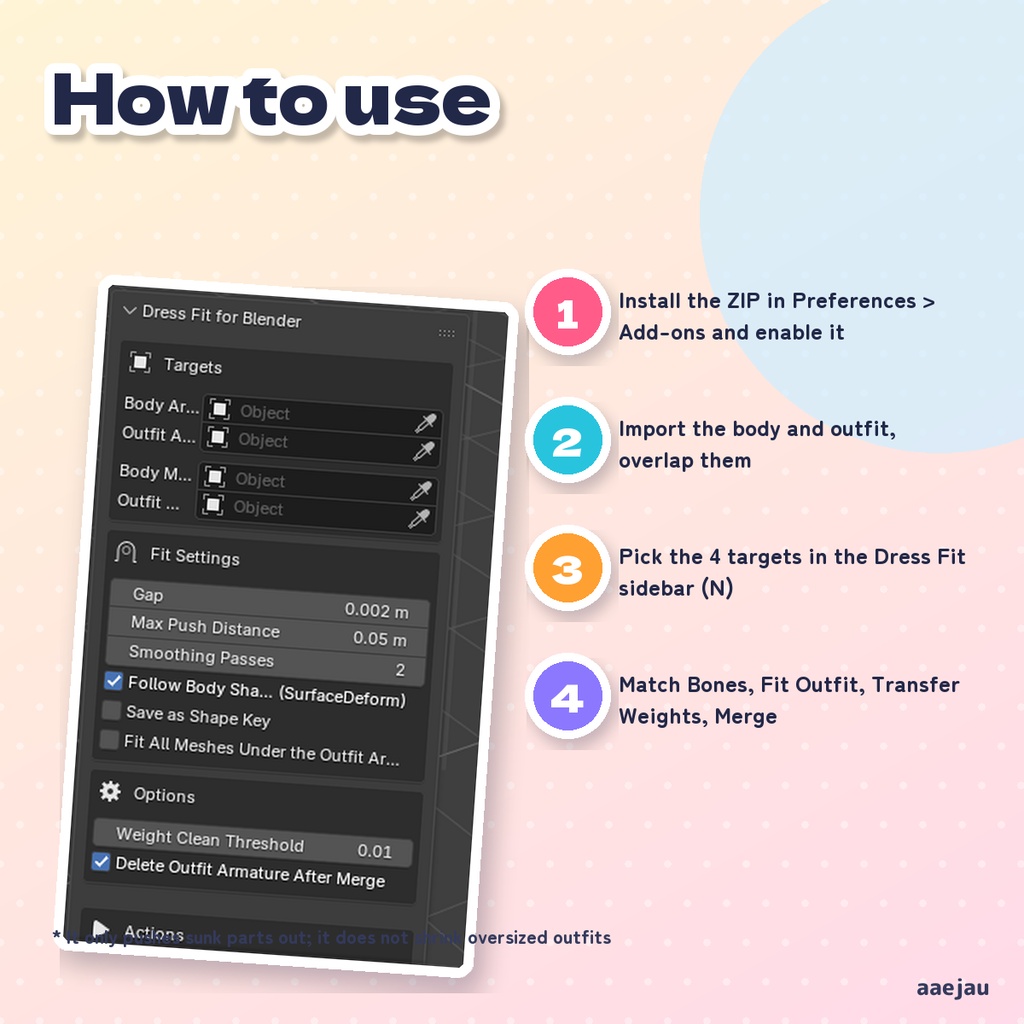 ドレスフィット for Blender - Blenderで衣装を素体に着せる4つのボタン【JA,EN,KO】