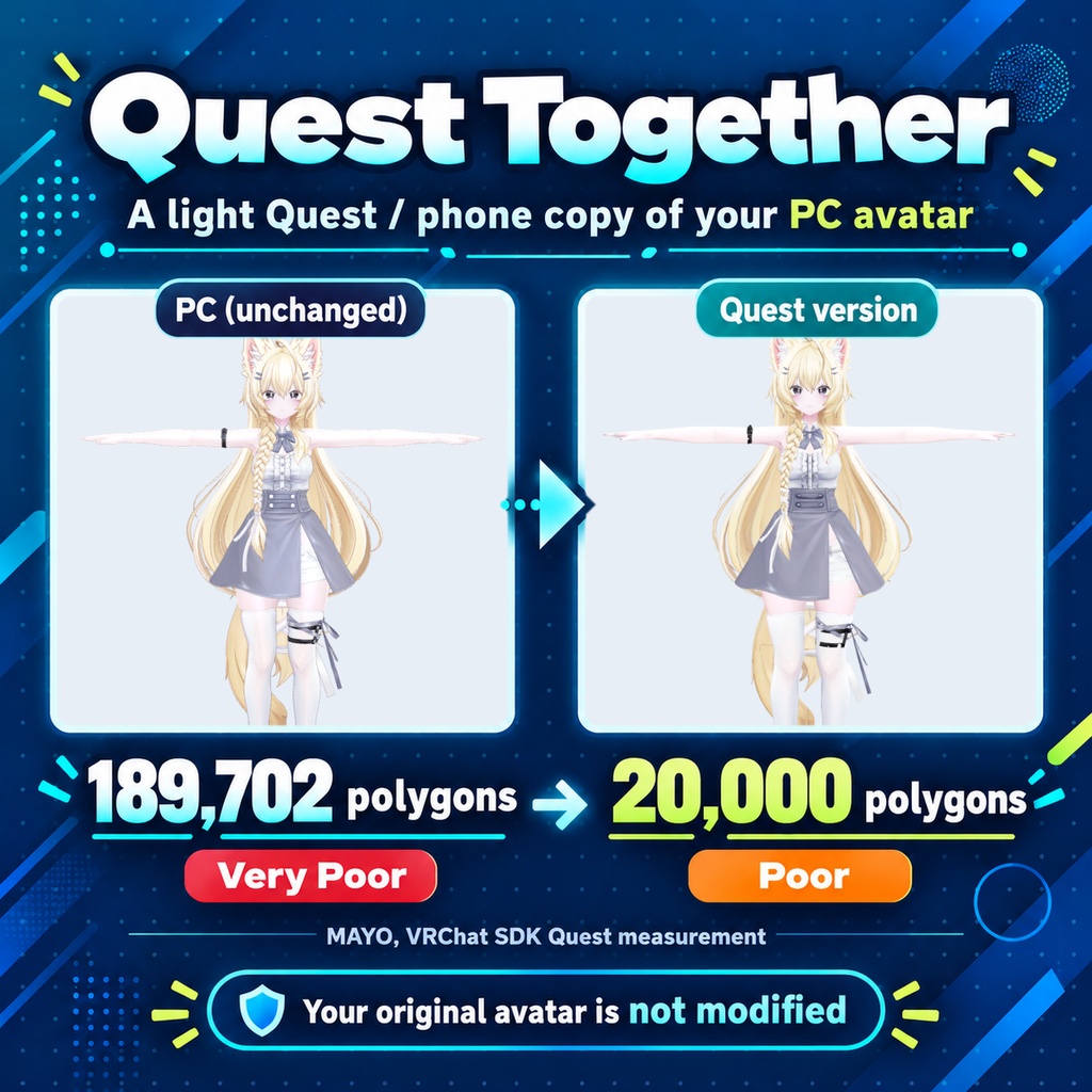Questでもいっしょ - PCのアバターからQuest・スマホ用の軽いコピーを作る【JA,EN,KO】