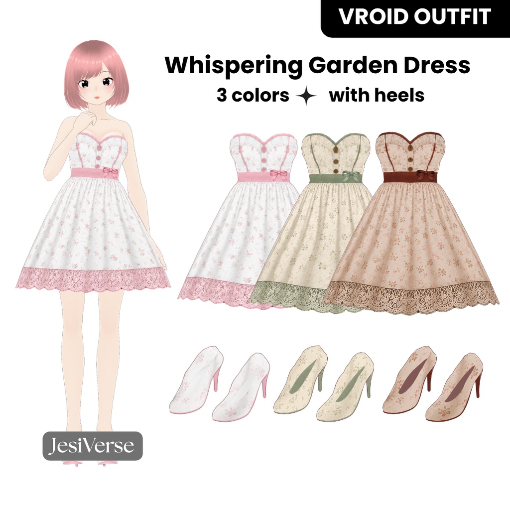 Kawaii Vroid Whispering Garden Dress | 3カラー＋ヒール | VRoid Studio