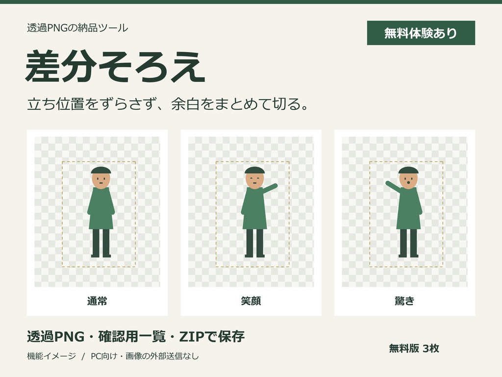 【無料体験あり】差分そろえ|立ち絵の透過PNGを同じ位置で切りそろえる納品ツール