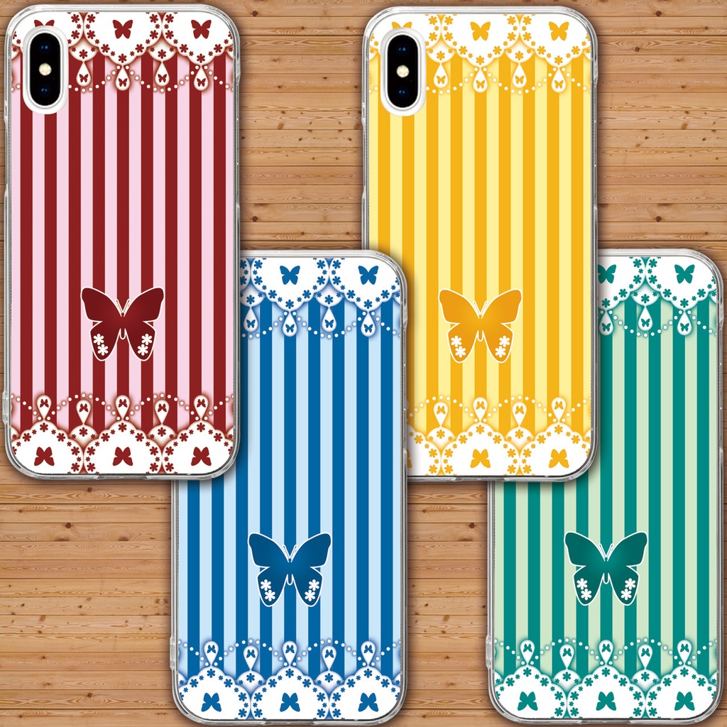 【送料無料】蝶レースストライプ スマホハードケース4色 【受注生産】
