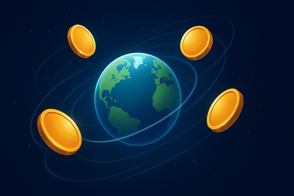 【16:9背景】惑星のように軌道を描くオリジナルコイン×地球｜デジタルイラスト背景素材（1-1）