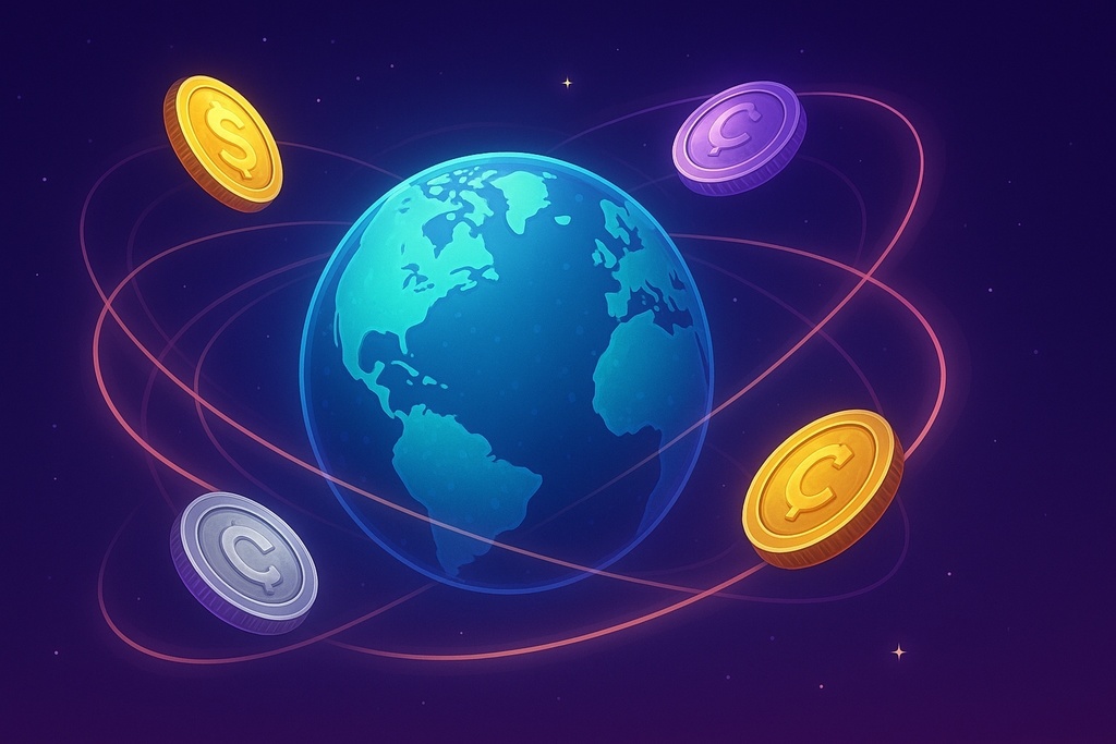 【幻想系16:9背景】光の軌跡と幻想カラーのオリジナルコイン×地球（1-2）