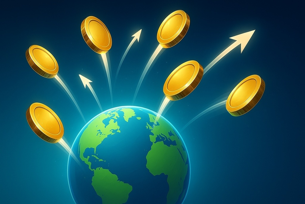 ハイスピード送金エフェクト背景｜16:9｜高速上昇コイン×地球｜暗号資産・金融素材