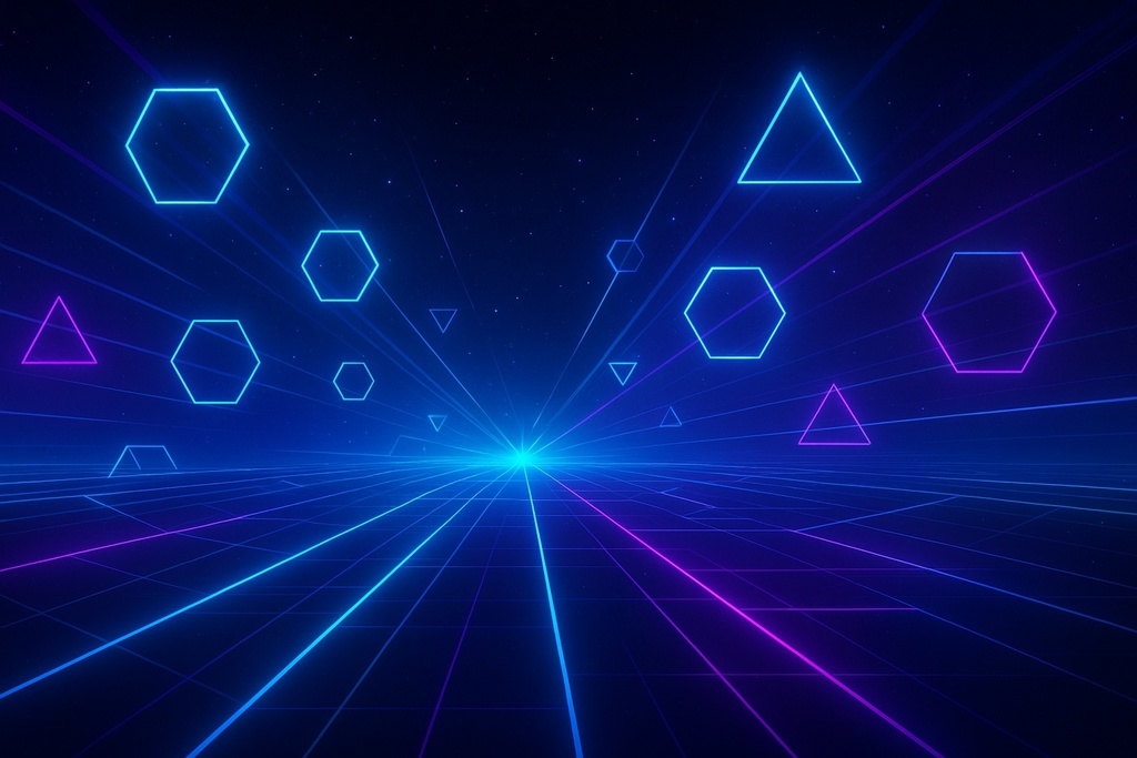 近未来サイバー空間 背景素材(16:9・ネオンブルー×パープル・高解像度・文字入れ用)