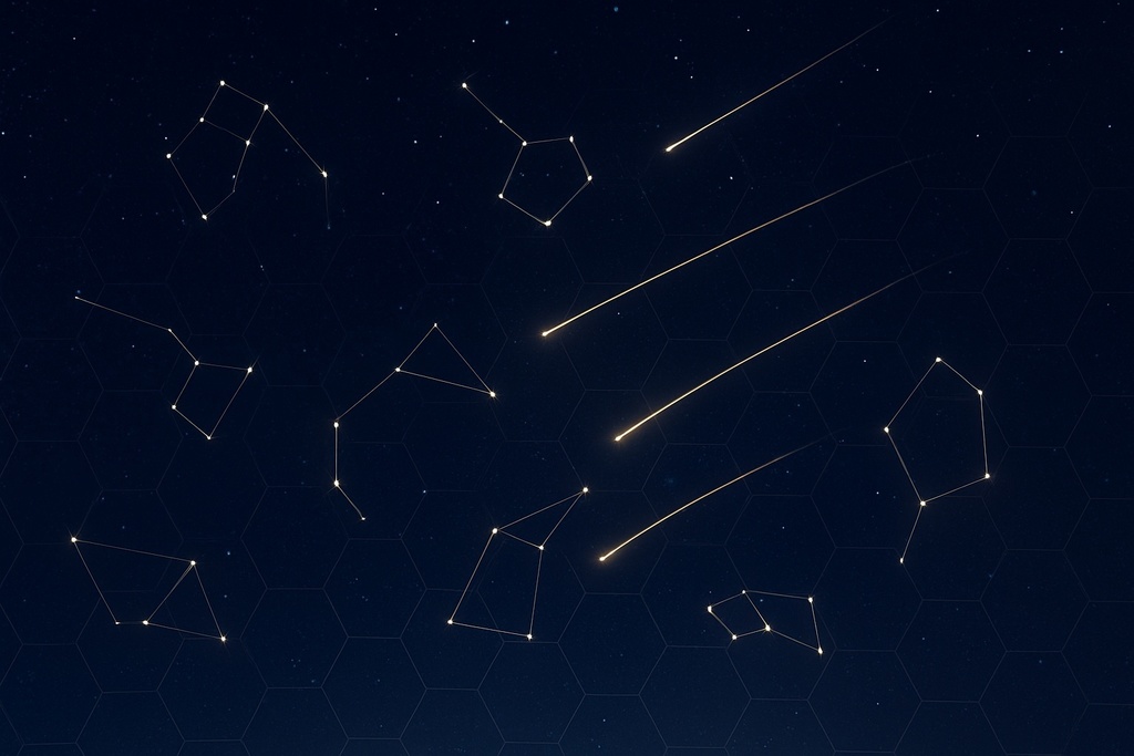 幻想夜空と流星群・幾何学星座の背景イラスト（16:9 JPEG）