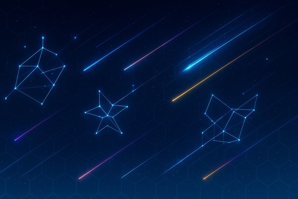 サイバー夜空と星座ハニカム背景イラスト（16:9 JPEG）