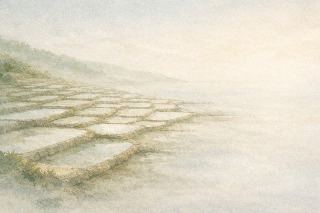 架空の段々湿地帯 水彩風背景イラスト