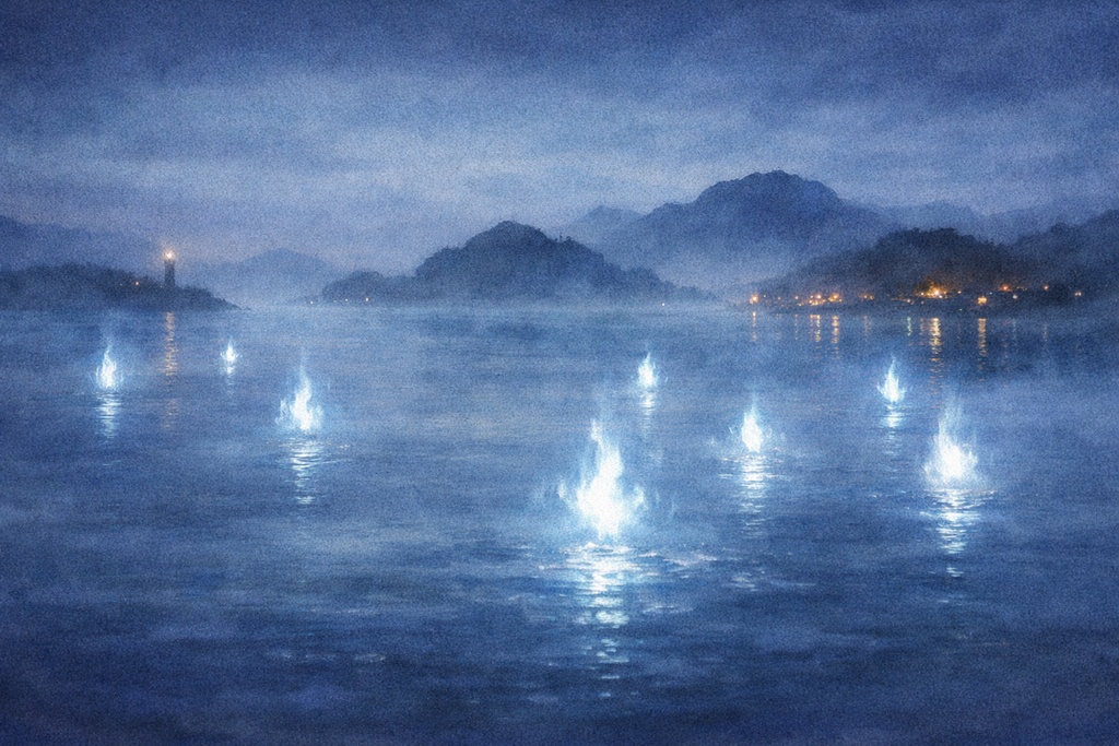  幻想夜景背景セット ― 不知火と雪の街（水彩風・3点）