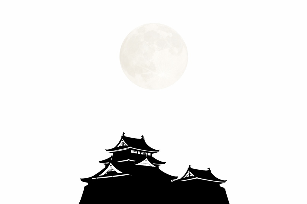 日本の城シルエット（満月付き・幻想的・16:9・印刷・デザイン用）