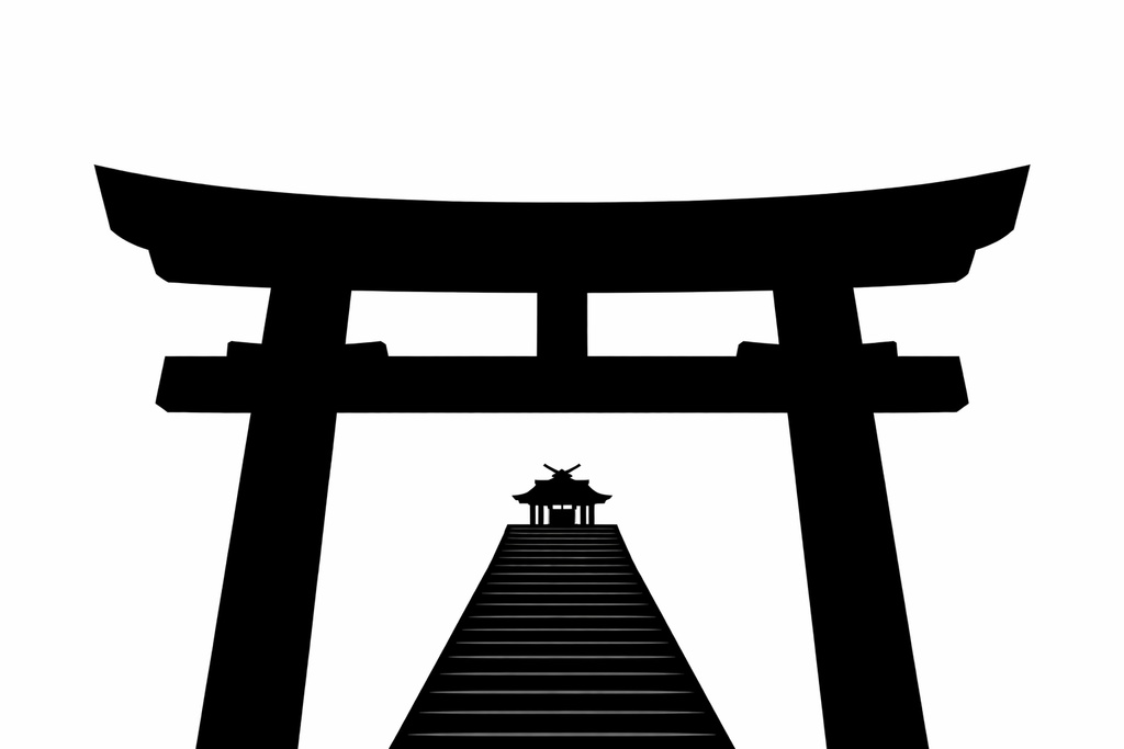 日本の神社シルエット（鳥居・階段・本殿・16:9・印刷・デザイン用）