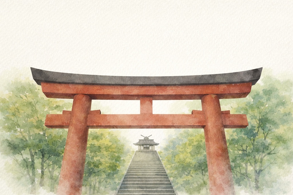 日本の神社シルエット＆水彩画風セット（鳥居・階段・本殿・16:9・印刷・デザイン用）