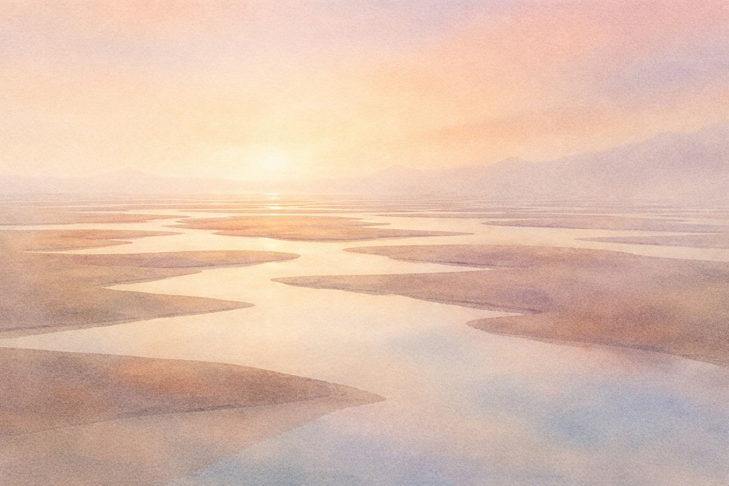 夕暮れの干潟（水彩風・抽象）