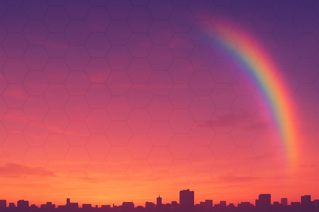 夕焼けの虹とハニカムの幻想背景 – サイバー風風景素材
