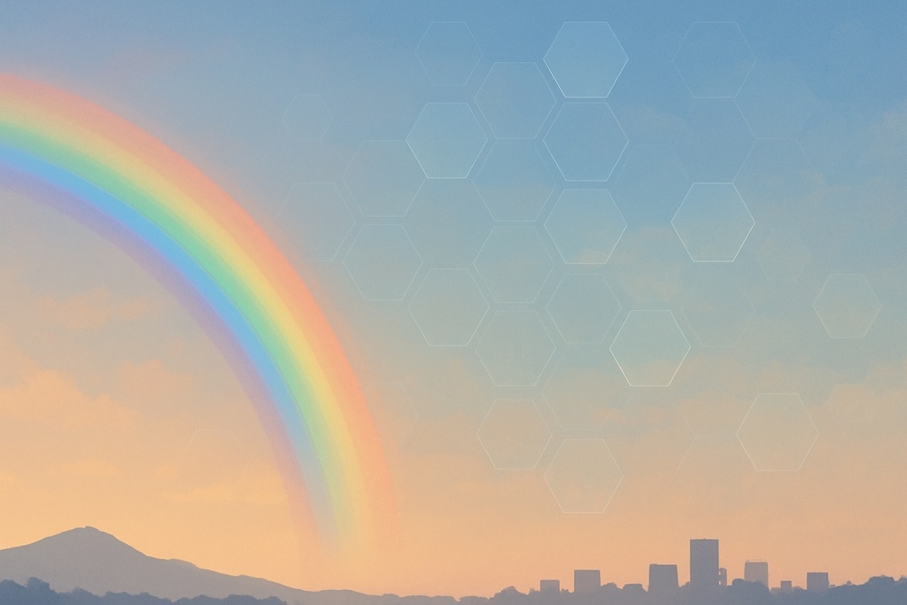 朝焼けの虹とハニカムの幻想風景 – サイバー風朝景素材