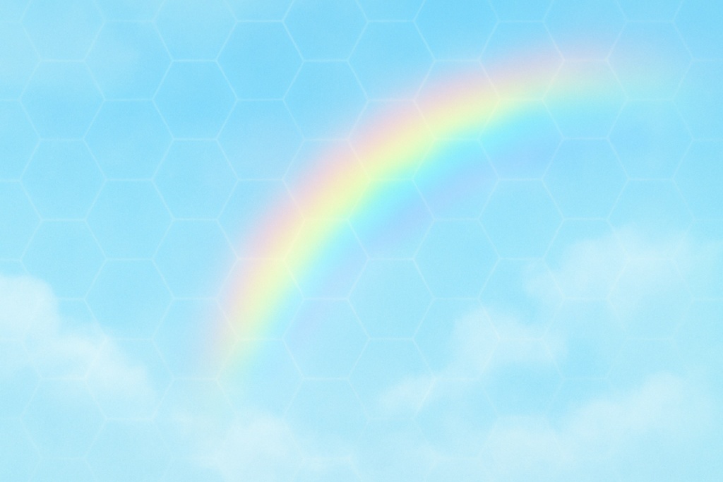 青空と淡い雲のパステル虹背景