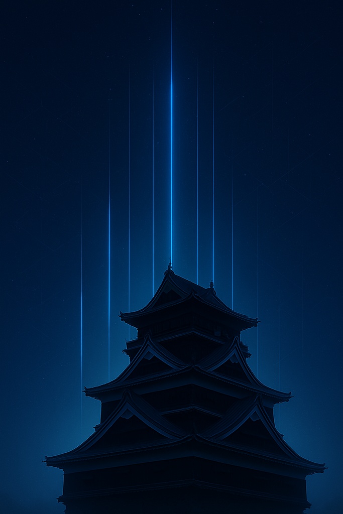 サイバー光柱と城の幻想背景