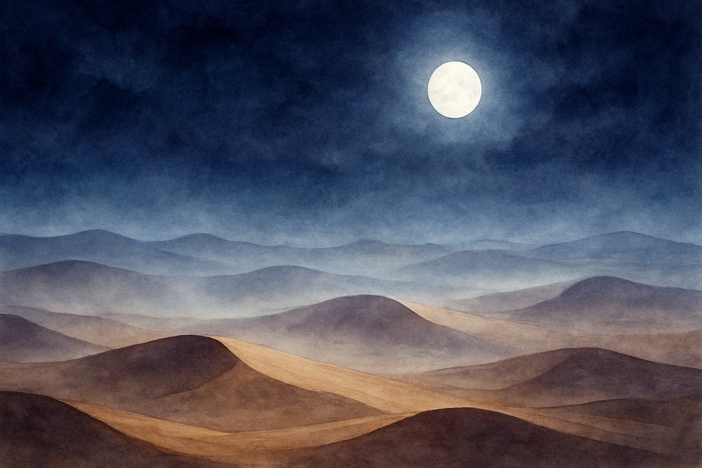 深藍の砂漠と月光の幻想水彩背景