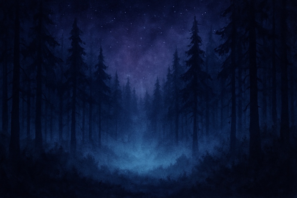  霧漂う深い森と水彩夜空の幻想背景