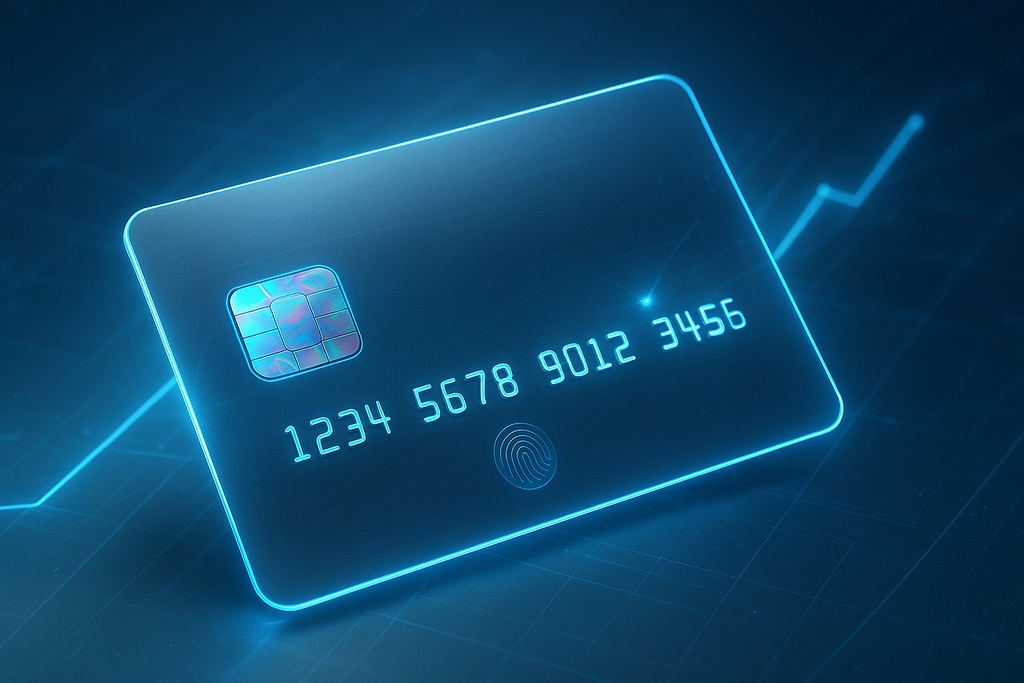未来の支払い｜バーチャルカードとデジタルチャート背景（16:9）