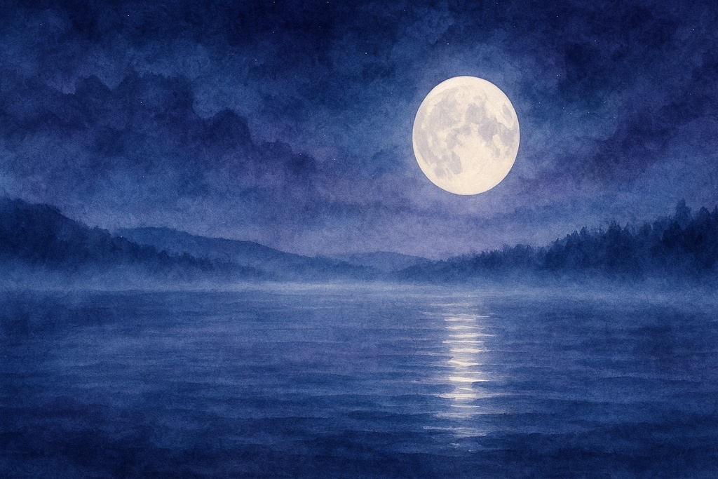月光に照らされた湖と幻想的な水彩夜空背景（16:9）