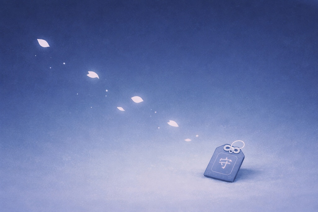 夜の祈り ― 青いお守りと静かな桜背景（16:9）